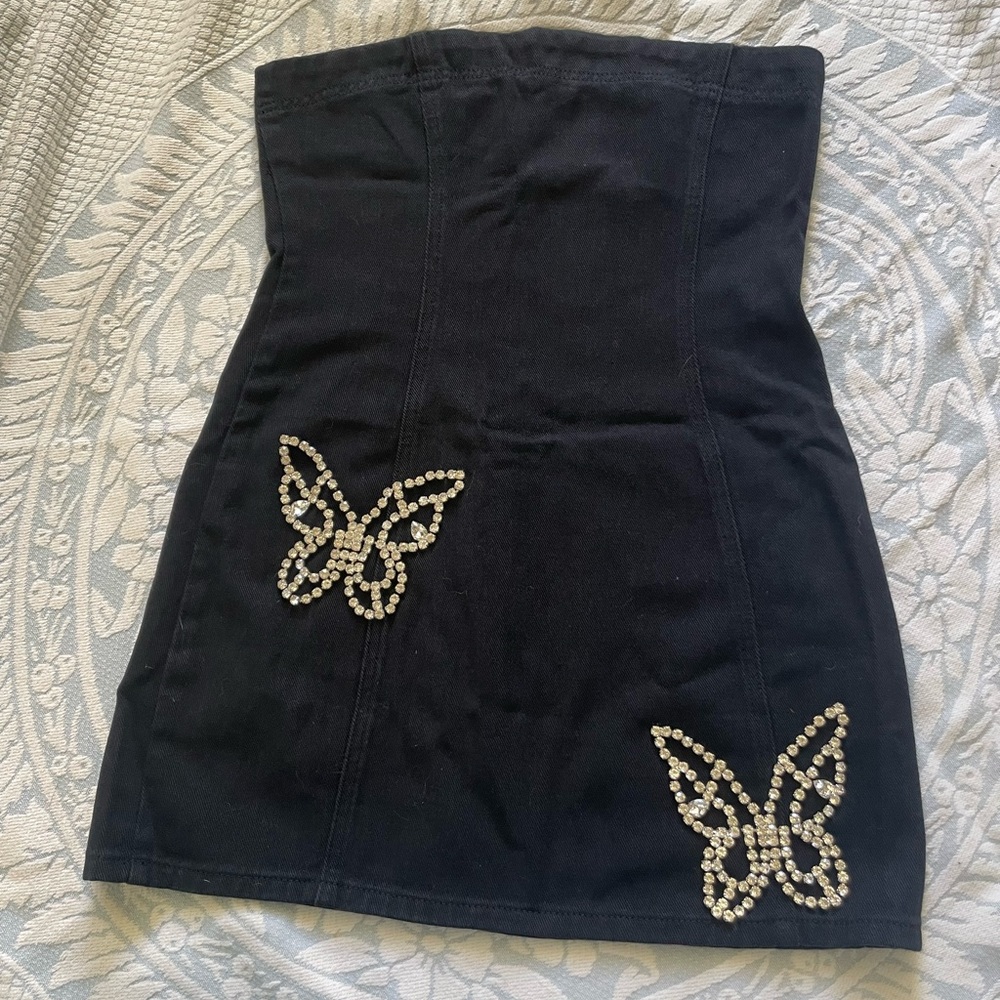 NWT Nasty Gal Premium Bling Butterfly Denim Bandeau Mini Dress